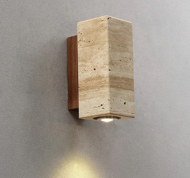 Travertine stone wall sconce natural LED bathroom bedroom living room — round square 2 sizes