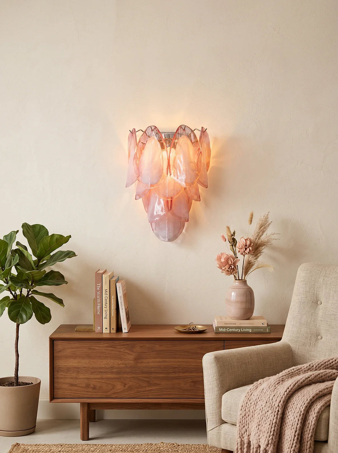 Pink Lotus Textured Glass Wall Sconce Sculptural Bedroom Living Room — Single Set of 2