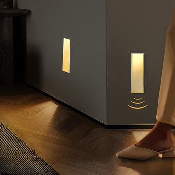 Motion sensor LED recessed step wall sconce minimalist indoor hallway stairs — warm neutral cool