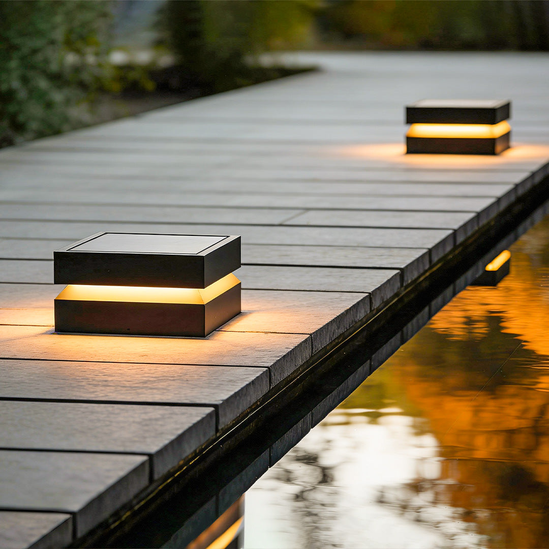 Solar deck post cap lights modern square black stainless steel waterproof — singles to sets of 8