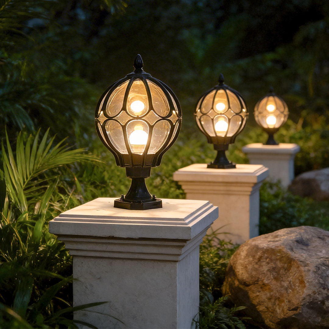 Outdoor globe pillar light retro glass copper fence post hardwired — black bronze 7 to 15 inch sets