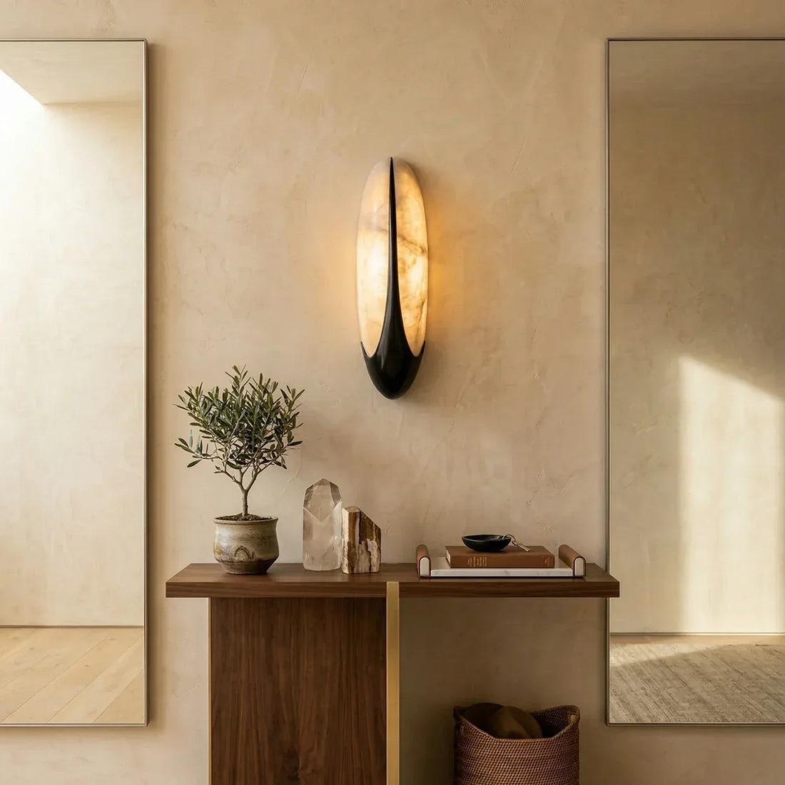 Sculptural Curved Alabaster Wall Lamp Wabi-Sabi Natural Stone Bedroom Living Room — Single Set of 2