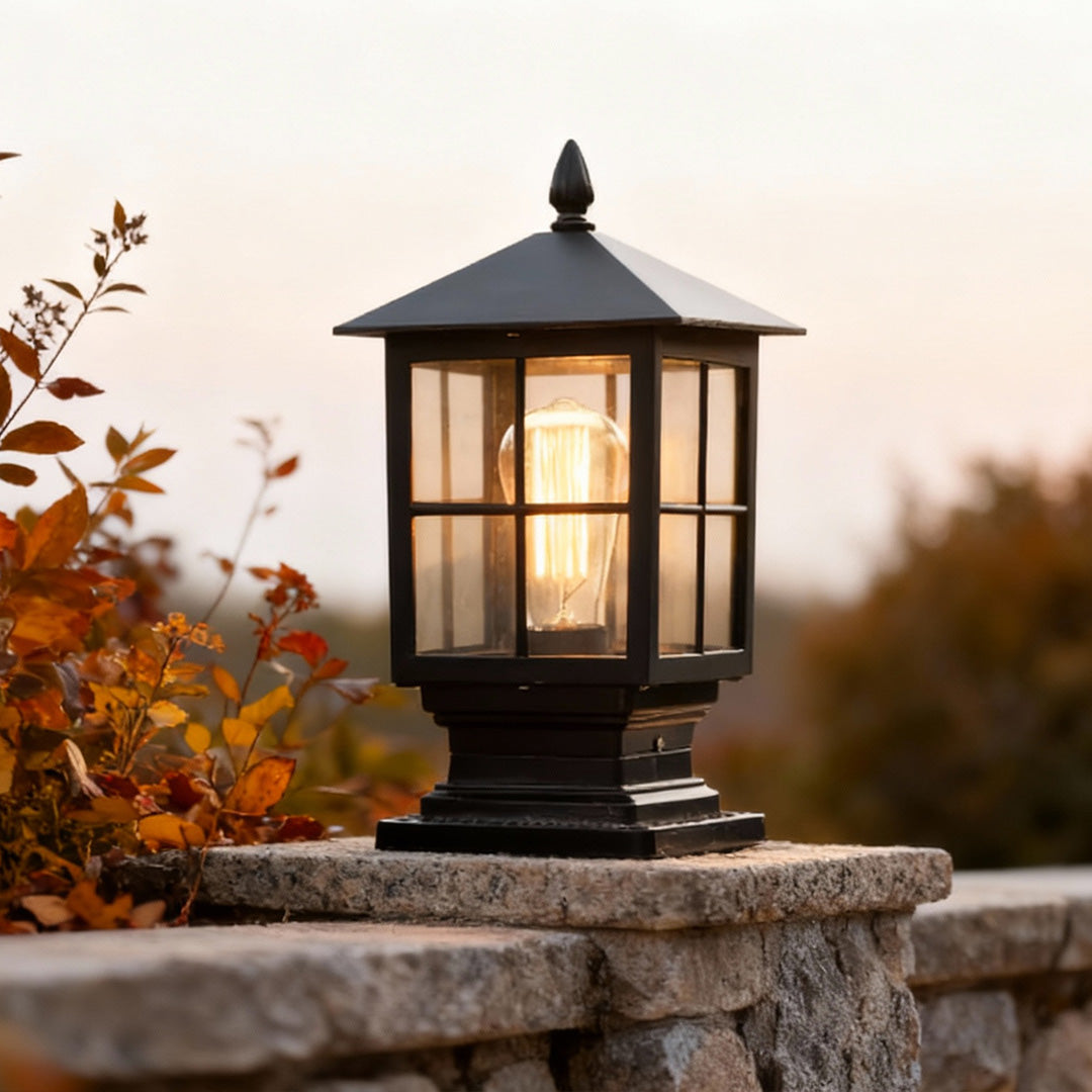 Stone light pillar traditional black waterproof LED driveway entrance — solar and hardwired sets