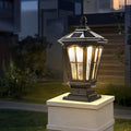 Stone pillar light fixture retro pavilion-style LED solar and hardwired outdoor — black bronze sets