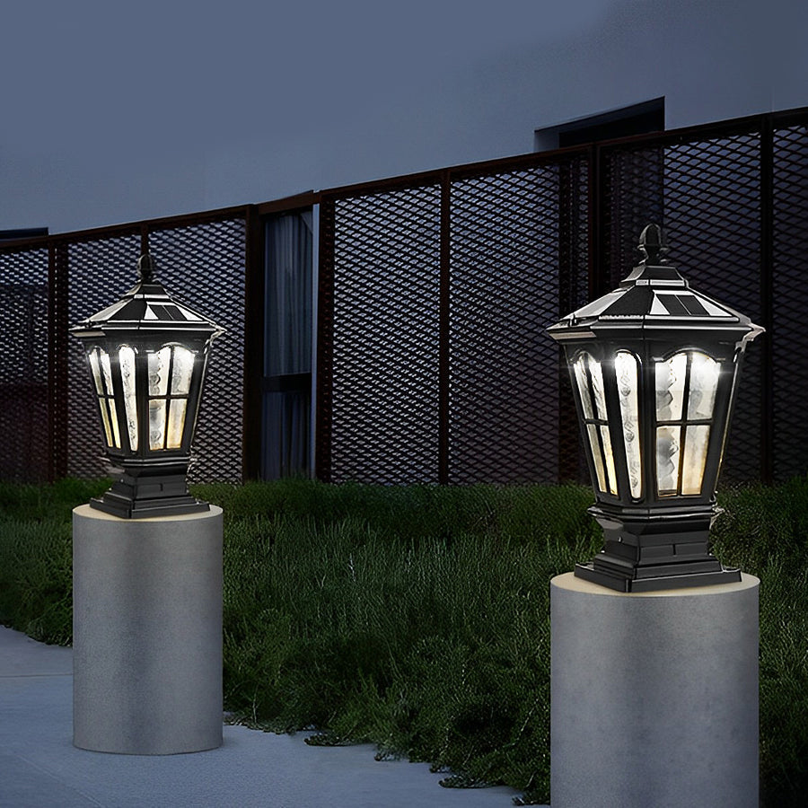 Stone pillar light fixture retro pavilion-style LED solar and hardwired outdoor — black bronze sets