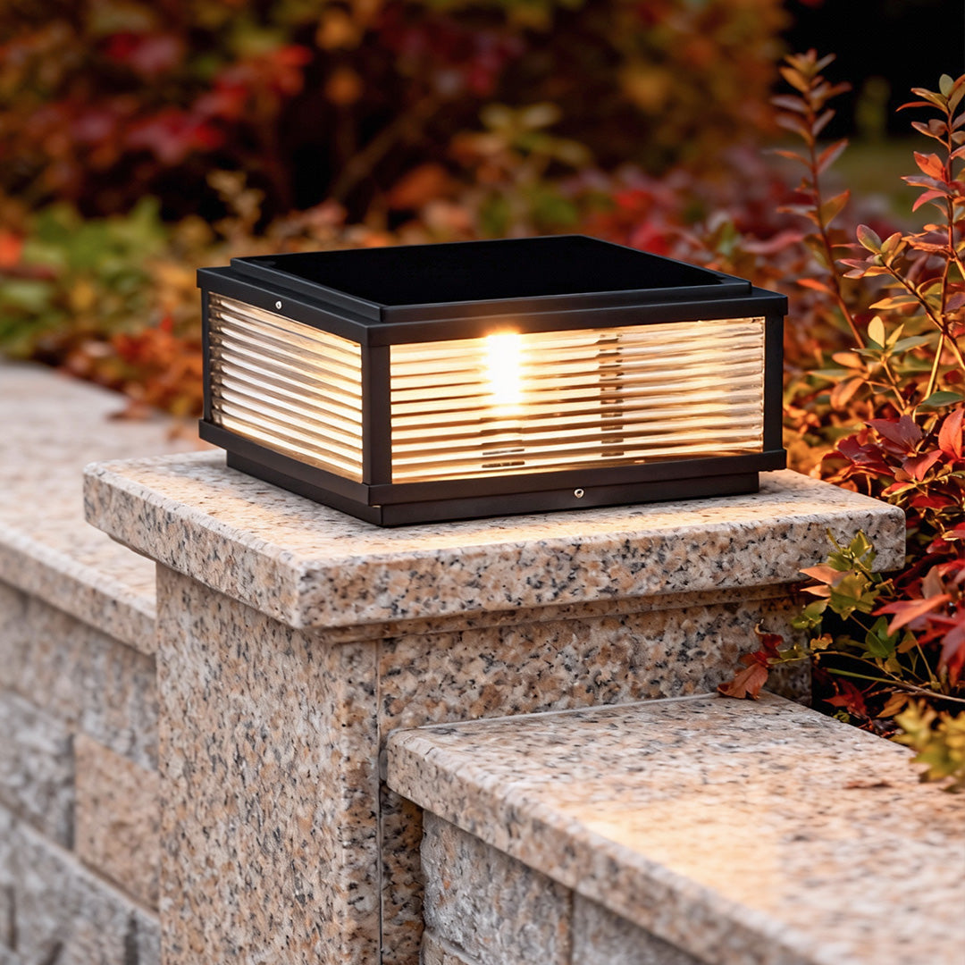 Square ribbed glass outdoor pillar light LED aluminum solar and hardwired — single to sets of 8