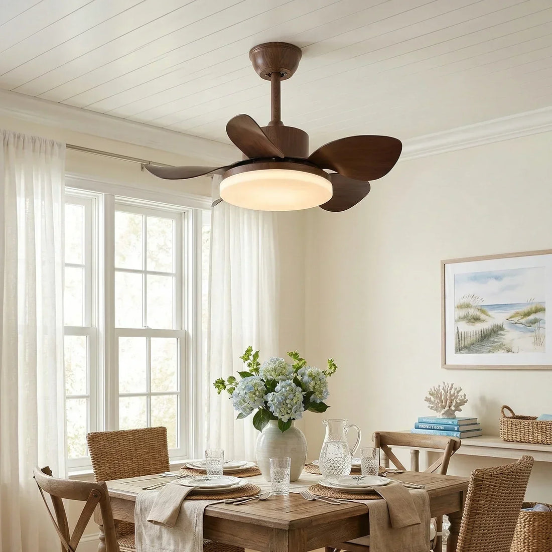 Terra Modern Silent Ceiling Fan Light Walnut Three-Color Changing Bedroom Living Room — 28 Inch