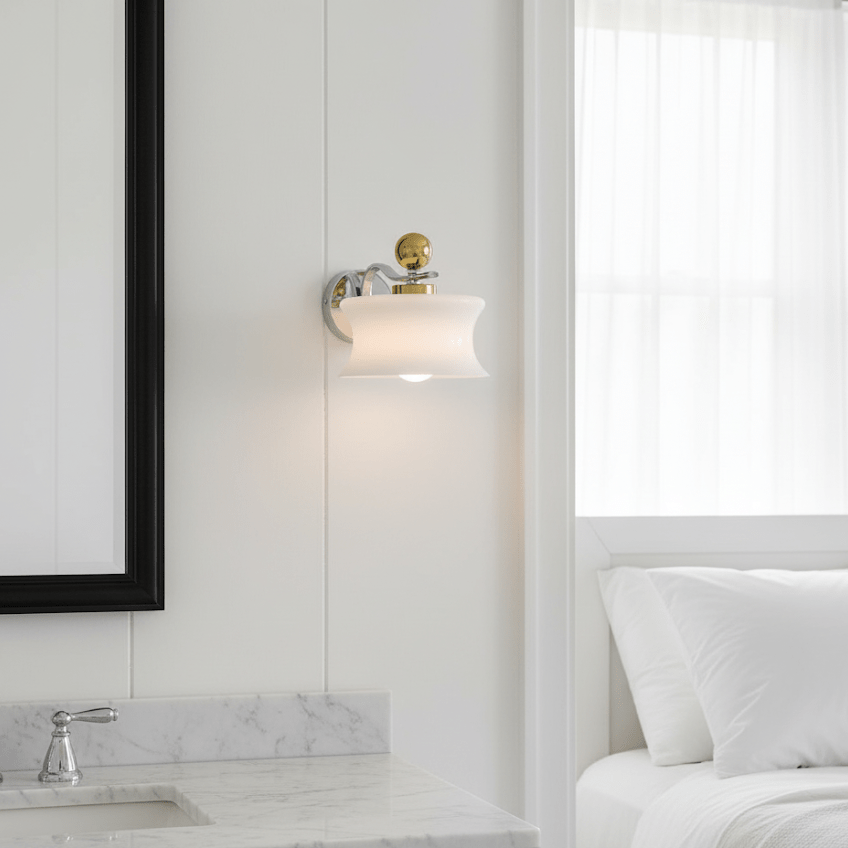 Adorn metal glass wall sconce modern LED bedroom dining room hallway — beige white