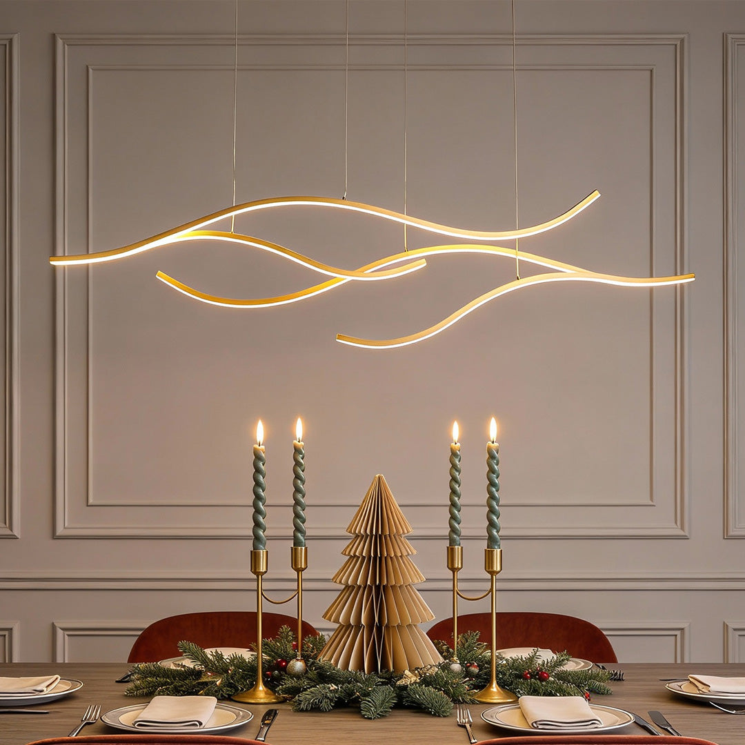 Curved wavy LED pendant light metal dimmable dining room kitchen island — black gold chrome